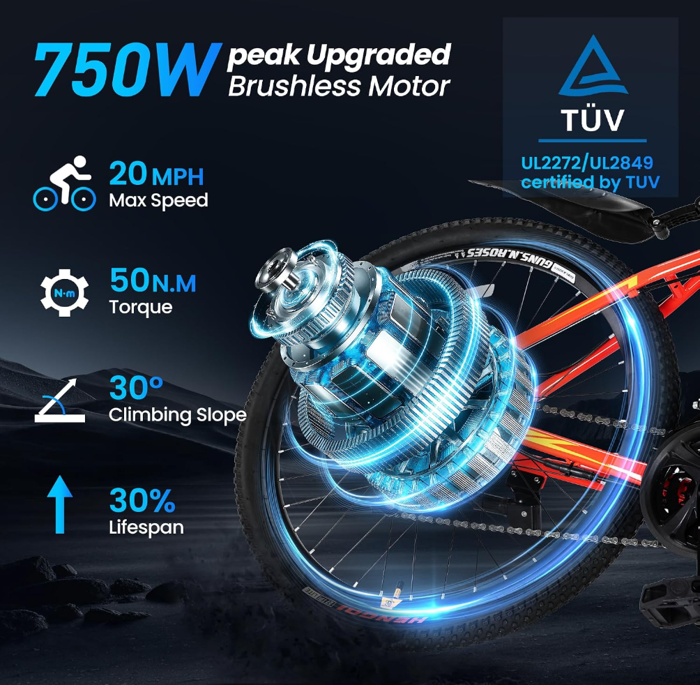 21-Speed Electric Bike for Adults, Peak 750W 26 in E-Bike, 70Miles 20 MPH, 500Wh Removable Battery, Dual Brake, Front Suspension, LCD Display & Horn, Commute Electric Bicycle(TUV & UL2849)