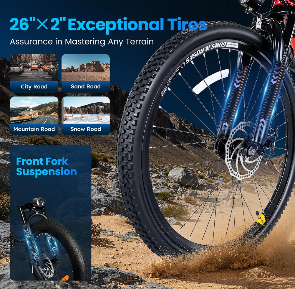21-Speed Electric Bike for Adults, Peak 750W 26 in E-Bike, 70Miles 20 MPH, 500Wh Removable Battery, Dual Brake, Front Suspension, LCD Display & Horn, Commute Electric Bicycle(TUV & UL2849)