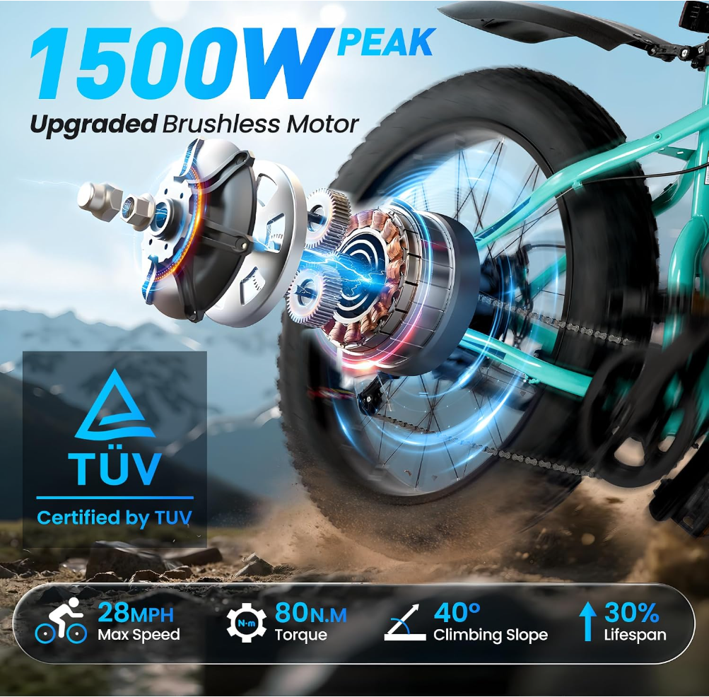 Electric Mountain Bike for Adults, 1500W Peak 72Miles + 28 MPH, 26"x4" All-Terrain Fat Tire E Bike with Removable Battery, 7 Speed Front Suspension, Dual Brake, LCD & Horn(TUV & UL2849)