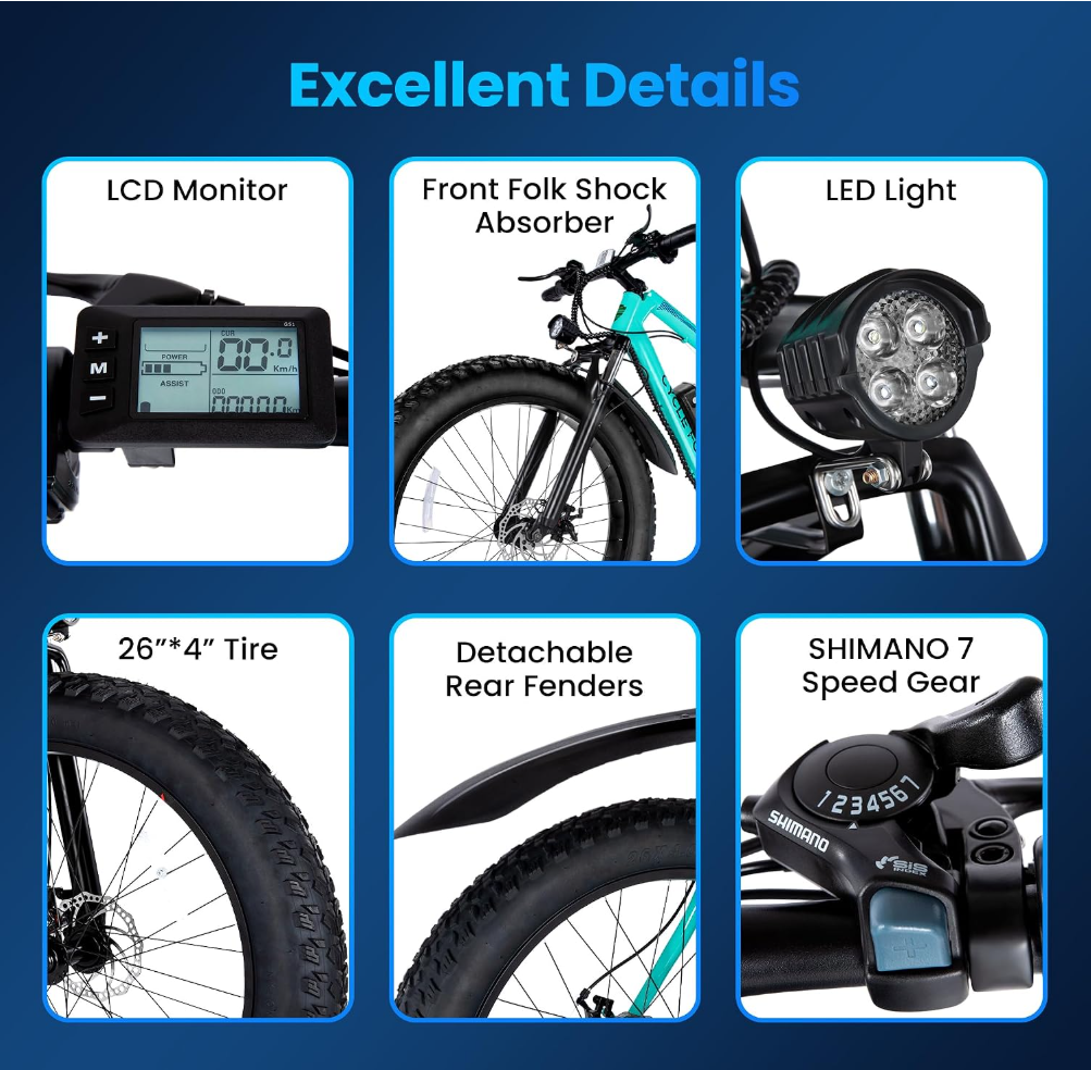 Electric Mountain Bike for Adults, 1500W Peak 72Miles + 28 MPH, 26"x4" All-Terrain Fat Tire E Bike with Removable Battery, 7 Speed Front Suspension, Dual Brake, LCD & Horn(TUV & UL2849)