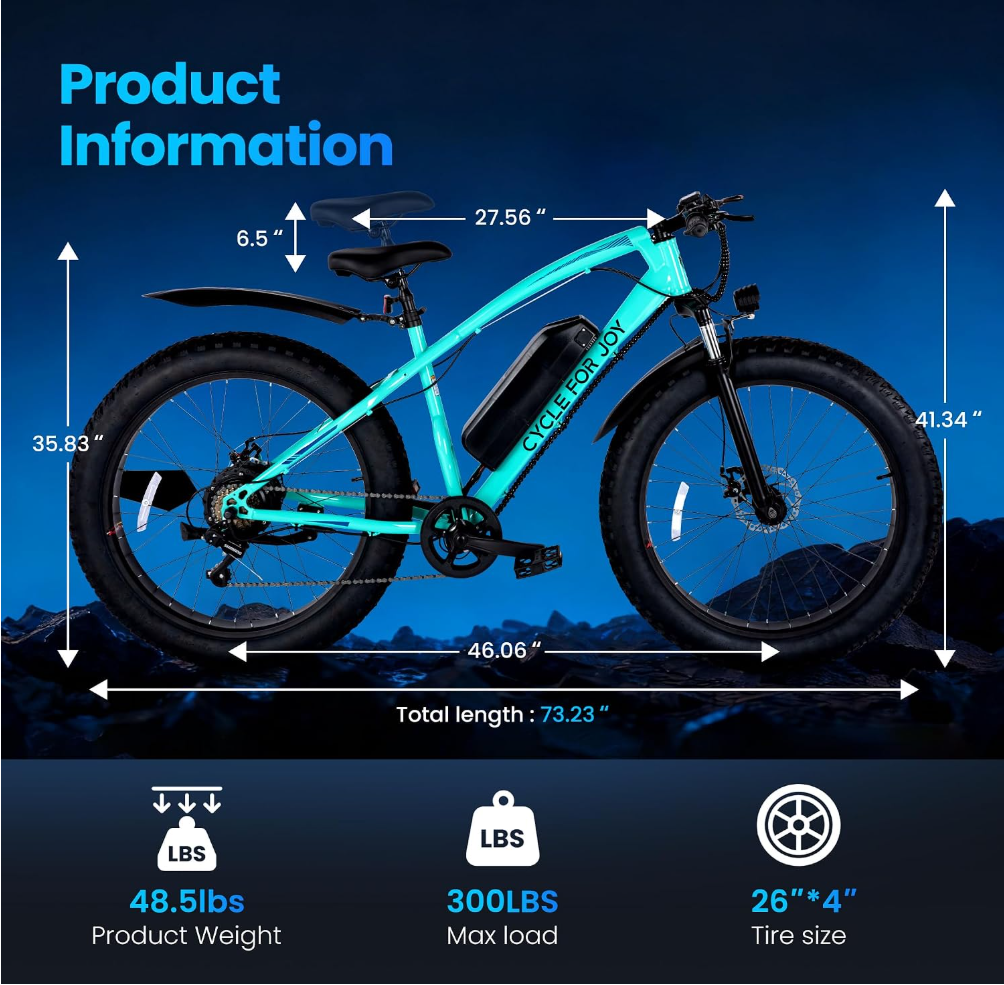 Electric Mountain Bike for Adults, 1500W Peak 72Miles + 28 MPH, 26"x4" All-Terrain Fat Tire E Bike with Removable Battery, 7 Speed Front Suspension, Dual Brake, LCD & Horn(TUV & UL2849)