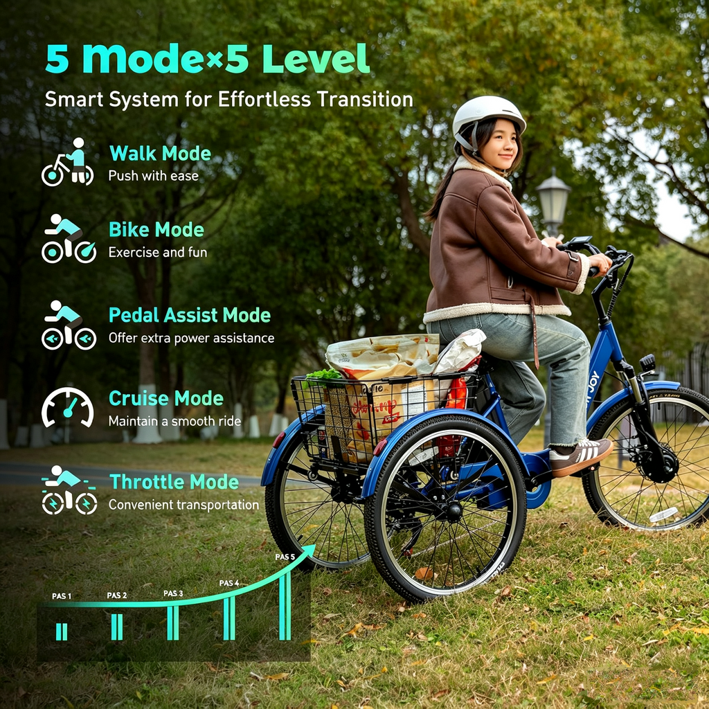 Electric Tricycle for Adults, 3 Wheel Electric Bike for Seniors | 7-Speed, 48V 624WH Removable Battery, 5 Riding Modes, Powerful Motor, Aluminum Frame, Adjustable Seat , Dual Disc, 24"JumpAI®