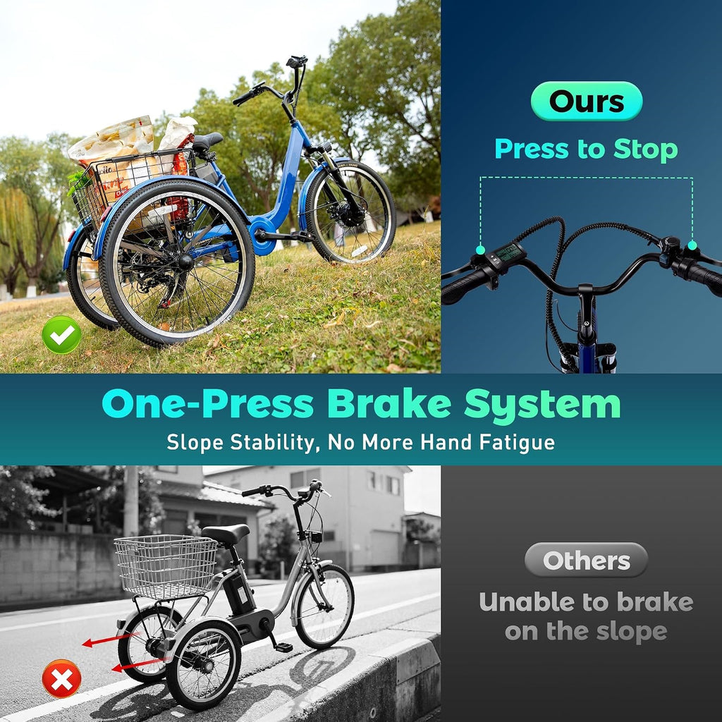 Electric Tricycle for Adults, 3 Wheel Electric Bike for Seniors | 7-Speed, 48V 624WH Removable Battery, 5 Riding Modes, Powerful Motor, Aluminum Frame, Adjustable Seat , Dual Disc, 24"JumpAI®
