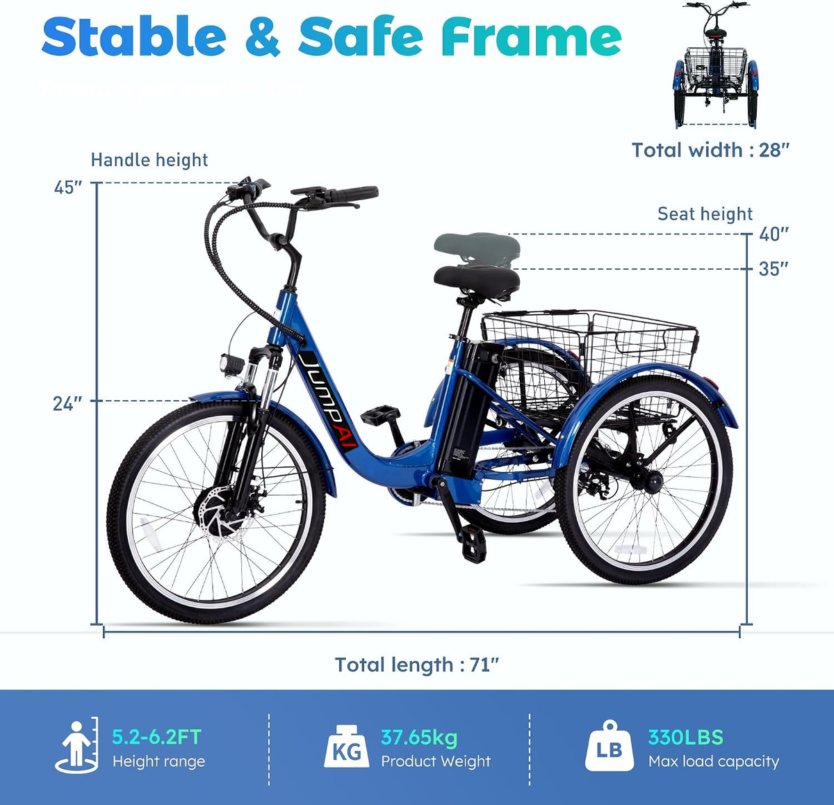 Electric Tricycle for Adults, 3 Wheel Electric Bike for Seniors | 7-Speed, 48V 624WH Removable Battery, 5 Riding Modes, Powerful Motor, Aluminum Frame, Adjustable Seat , Dual Disc, 24"JumpAI®